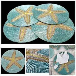 4pc Coastal Collection Ocean Beach Starfish Beaded Placemats Chargers Set NEW